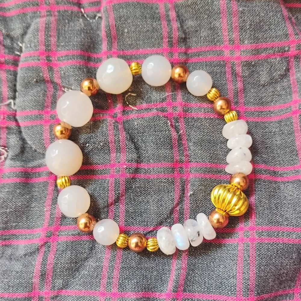 Milky Agate And Rainbow Moonstone Two Tone Bracelet - Picture 1 of 6